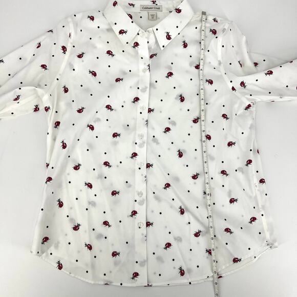 Coldwater Creek 100% Cotton White with Ladybug Print Button Up Blouse 14P NWT - Picture 4 of 9